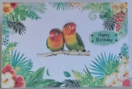 Pair of love birds on a branch in tropical flower frame insert with verse by Hazel Underwood