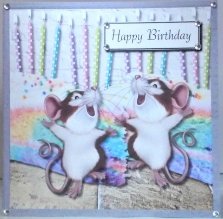 Rainbow birthday cake with mice by Hazel Underwood