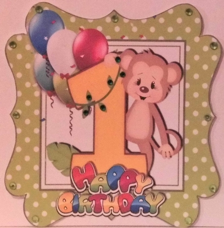 cute monkey birthday age (one green) with balloons 8x8 by Hazel Underwood