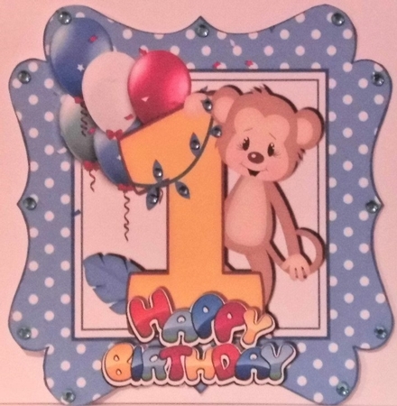 cute monkey birthday age (one blue) with balloons 8x8 by Hazel Underwood