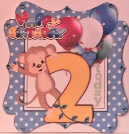 cute monkey birthday age (two blue) with balloons 8x8 by Hazel Underwood
