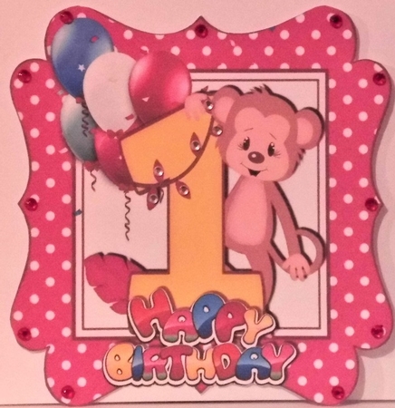 cute monkey birthday age (one pink) with balloons 8x8 by Hazel Underwood