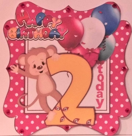 cute monkey birthday age (two pink) with balloons 8x8 by Hazel Underwood