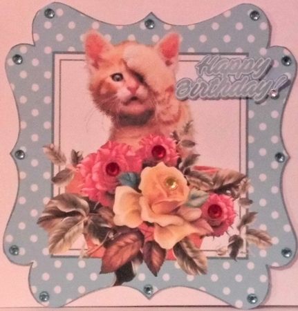 cute kitten with roses/flowers in turq polkadot frame by Hazel Underwood