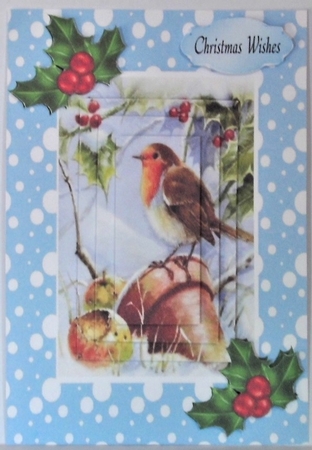 Robin in the snow with pyramids and holly A5 in blue snow frame by Hazel Underwood