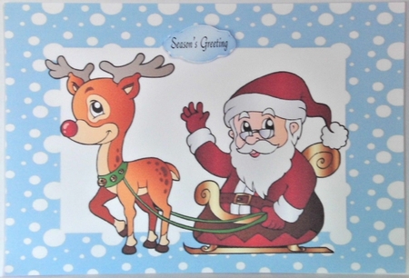 Santa with rudolph and his sleigh in blue snow frame A4 by Hazel Underwood