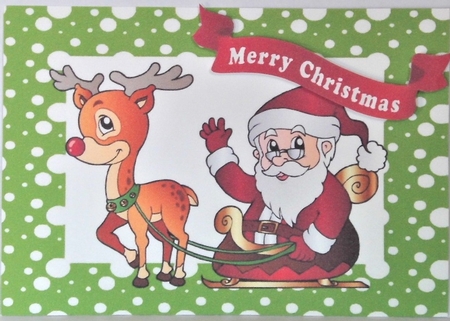 Santa with rudolph and his sleigh in green snow frame A5 by Hazel Underwood