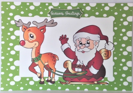 Santa with rudolph and his sleigh in green snow frame A4 by Hazel Underwood