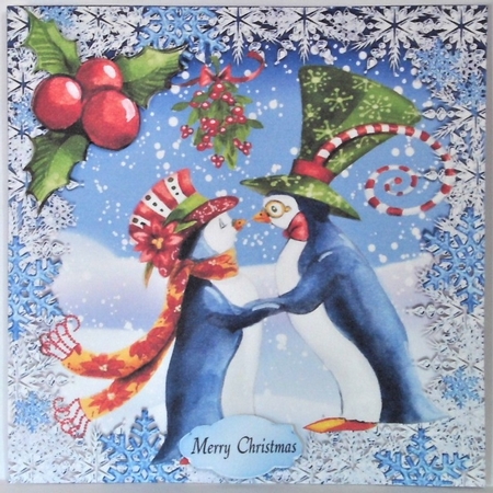 A lovely whimsical pair of penguins dancing in the snow with holly 8x8 by Hazel Underwood