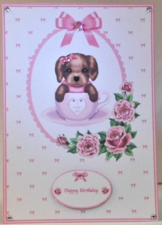 Pink A5 pup in a cup card front. by Hazel Underwood