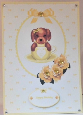 Yellow A5 pup in a cup card front by Hazel Underwood