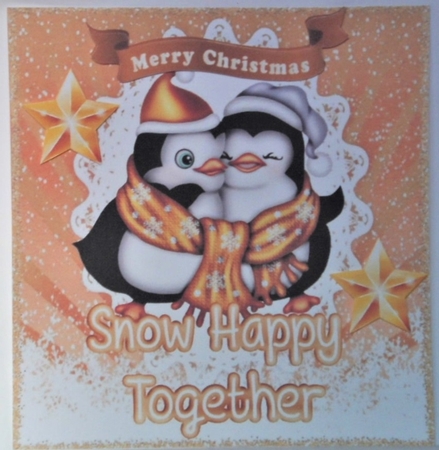 Cuddle Penguins snow happy together in gold snow frame 8x8 by Hazel Underwood