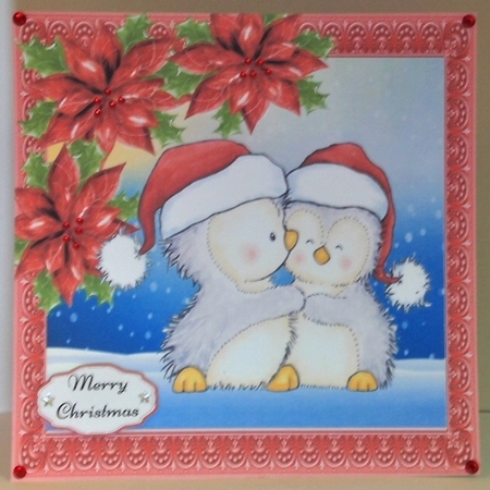 Gorgeous Penguins With Red Poinsettias 8x8 by Hazel Underwood