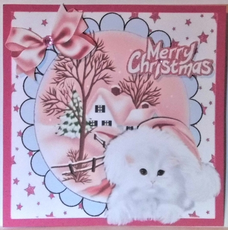 White Fluffy Kitten in santa hat with pink bow 8x8 by Hazel Underwood