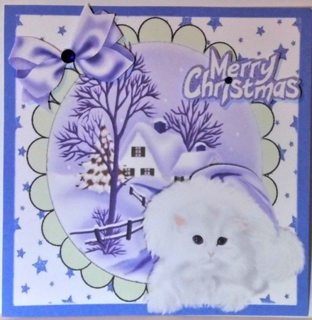 White Fluffy Kitten in santa hat with purple bow 8x8 by Hazel Underwood