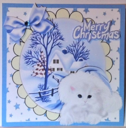 White Fluffy Kitten in santa hat with blue bow 8x8 by Hazel Underwood