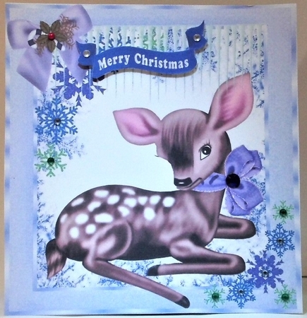 Cute Deer in purple bow with icicles 8x8 by Hazel Underwood