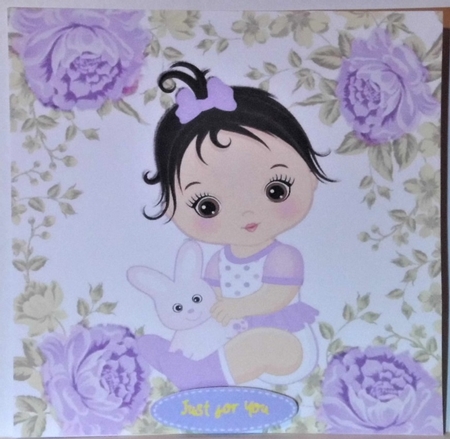 sweet baby girl with her bunny in lilac rose frame 8x8 by Hazel Underwood