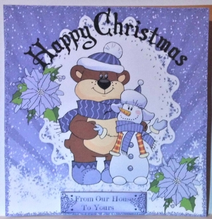 Best of Snow friends cute snowman with bear (purple poinsettias) 8x8 by Hazel Underwood