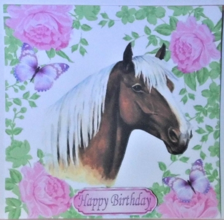 Pretty palomino Horse with cerise roses & butterflies 8x8 by Hazel Underwood