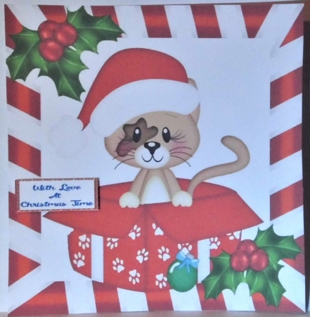 Cute little kitty in santa hat in  xmas box with holly 8x8 by Hazel Underwood