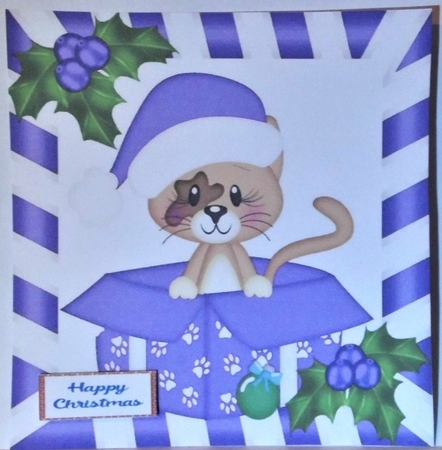 Cute little kitty in purple santa hat in  xmas box with holly 8x8 by Hazel Underwood