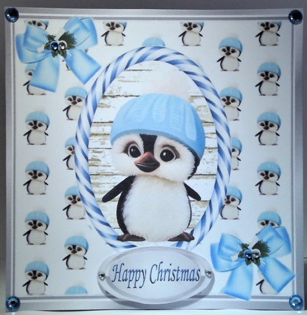 Cute penguin in knitted hat with bows 8x8 by Hazel Underwood