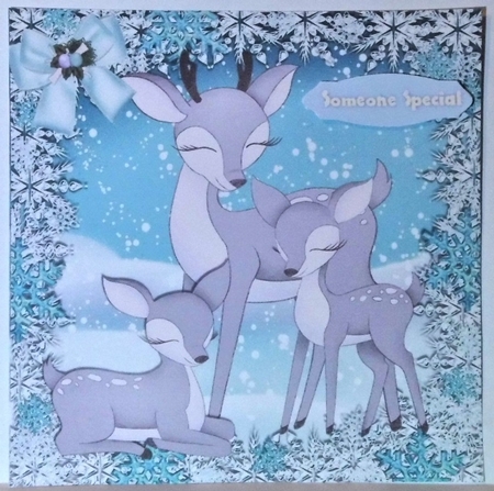 Lovely family of reindeers in the snow with turq bow 8x8 by Hazel Underwood