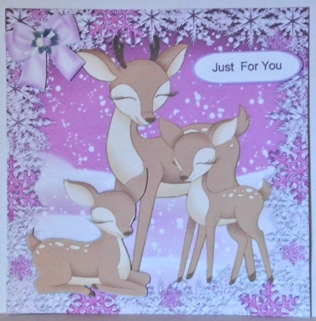 Lovely family of reindeers in the snow with pink bow 8x8 by Hazel Underwood
