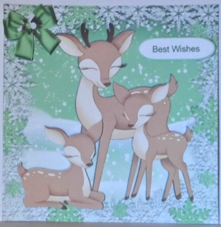 Lovely family of reindeers in the snow with green bow 8x8 by Hazel Underwood