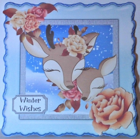 Cute reindeer heads with corner roses & snow 8x8 by Hazel Underwood