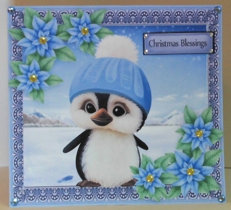 Gorgeous Penguin In A Bobble Hat With Blue Flowers 6x6  by Hazel Underwood