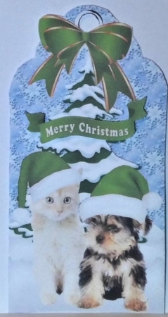 Cute kitten & Puppy in green santa hats in the snow on a tag by Hazel Underwood
