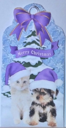 Cute kitten & Puppy in purple santa hats in the snow on a tag by Hazel Underwood