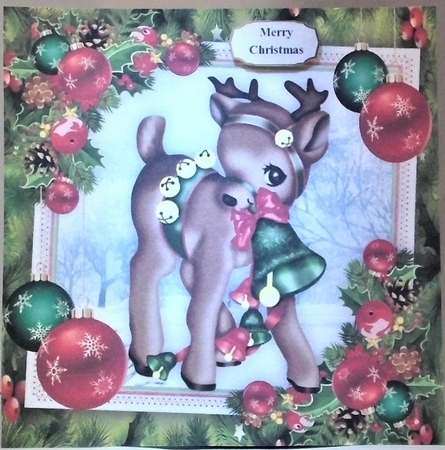 Reindeer With Green Bell 8x8 by Hazel Underwood