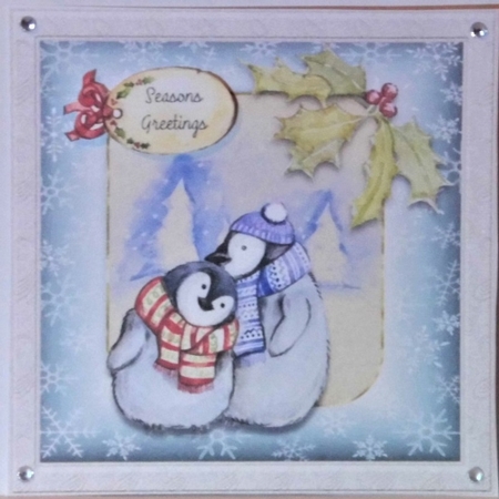 300dpi 6 x 6in Card front - Penguins and holly, & decoupage by Hazel Underwood