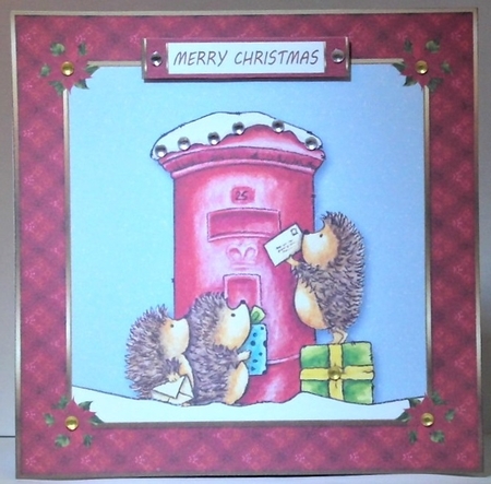 Cute little hedgehogs mailing letters to Santa (red frame) by Hazel Underwood