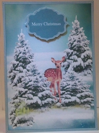 A5 deer in a snowy forest quick card front by Hazel Underwood