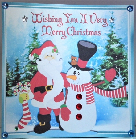 Santa Hugging Mr Snowman in the snow 8x8 by Hazel Underwood