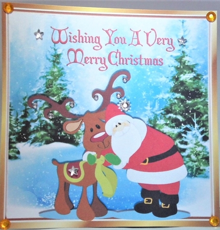 Santa Hugging Rudey the Reindeer in the snow 8x8 by Hazel Underwood