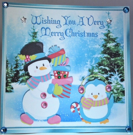 Snowman with presents and  little bird in the snow 8x8 by Hazel Underwood