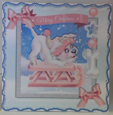 cute little puppy on a sledge with her bone 8x8 by Hazel Underwood