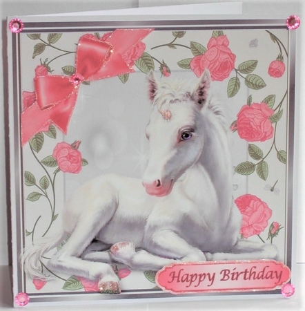 Pretty white unicorn in frame of pink roses 8x8 by Hazel Underwood