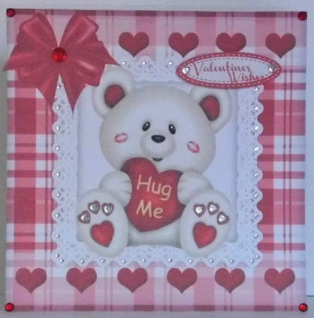 Cute white Hug Me Bear with red  heart on lace with bow 8x8 mini kit by Hazel Underwood