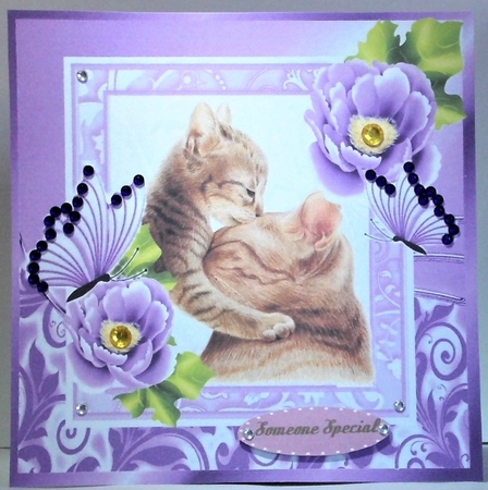 Cute painted mum and kitten with pretty lilac flowers 8x8 by Hazel Underwood