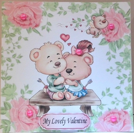 My Lovely Valentine! cute cuddle bears with pink roses 8x8 by Hazel Underwood