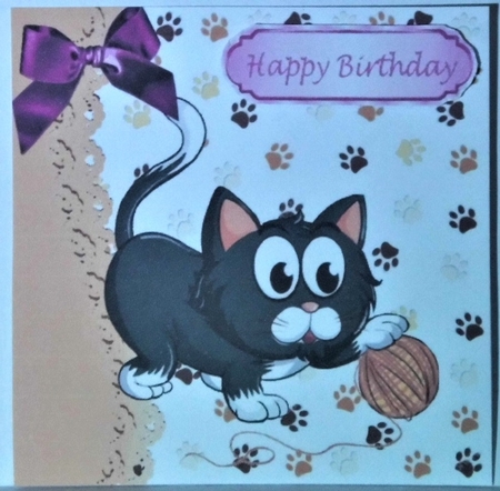 cute cartoon kitty with ball of wool  with bow  5x5 by Hazel Underwood