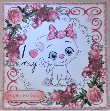 I Love my Kitty with pretty pink/red roses 8x8 by Hazel Underwood