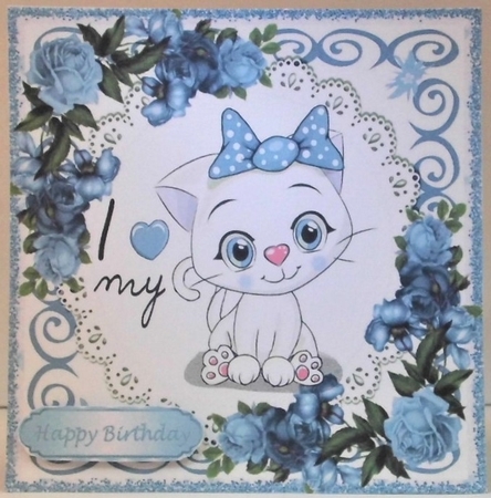 I Love my Kitty with pretty blue roses 8x8 by Hazel Underwood