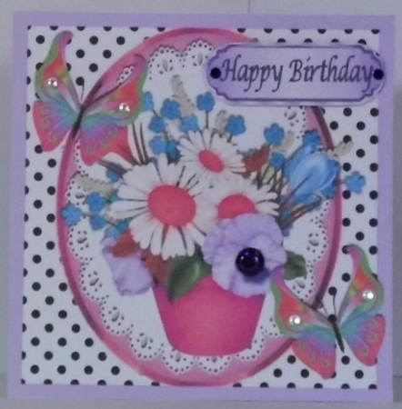 Pink pot of flowers and pansies with colourful butterflies 7x7 by Hazel Underwood